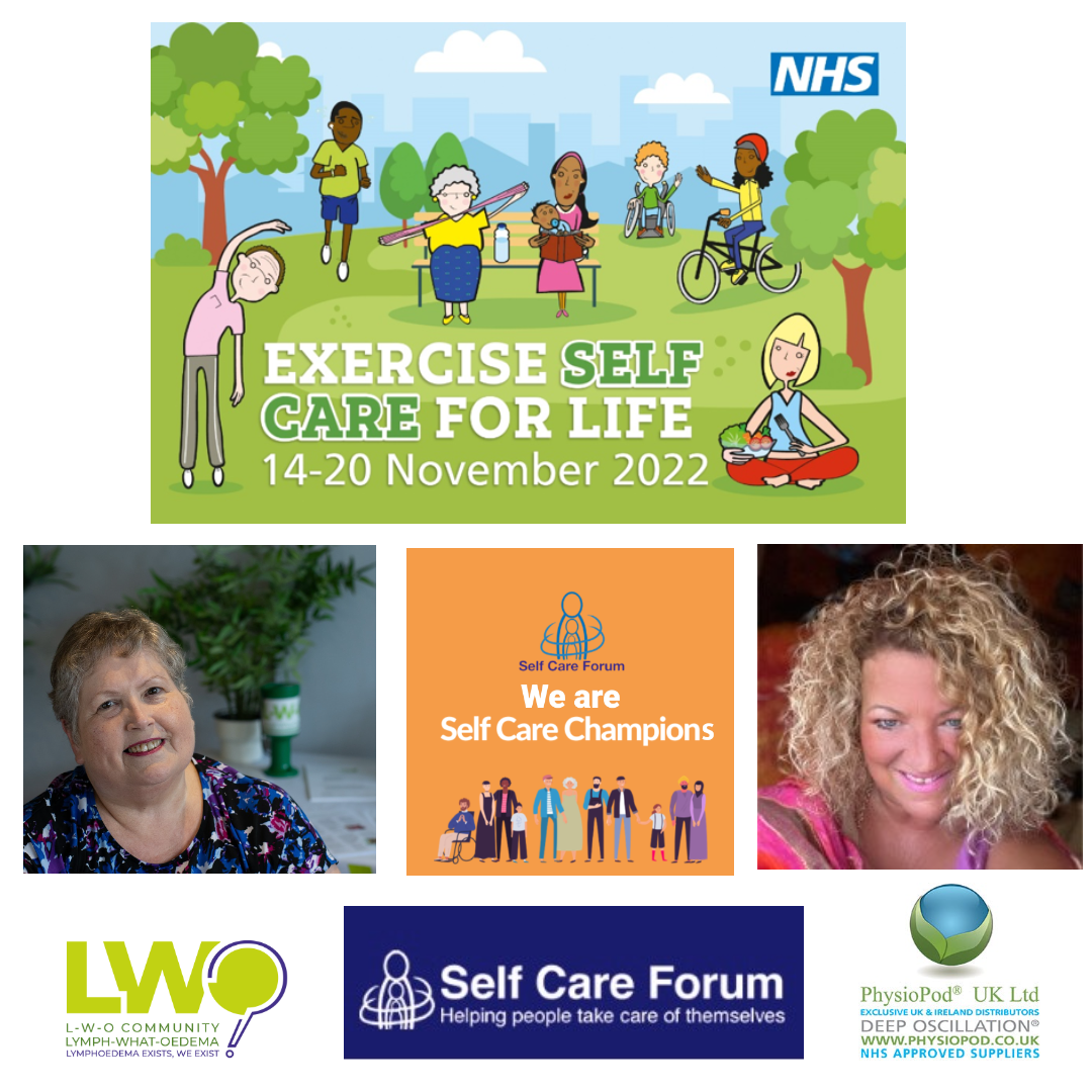 Group of cartoon diverse individuals exercising in park with caption exercise self care for life, head shots of Gaynor Leech of LWO Community and Mary Fickling of PhysioPod UK and their company logos, self care champions and self care forum logos